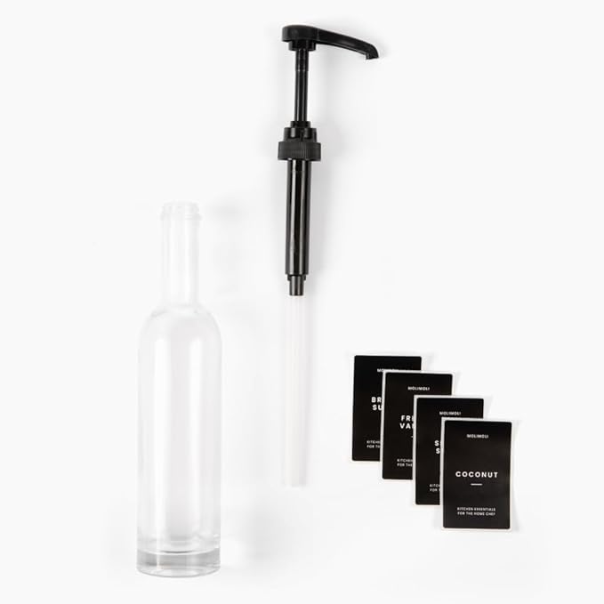 Molimoli Set of 2, 350ml, Coffee Syrup Dispenser for Coffee Bar, Coffee Pump Dispenser, Glass Syrup Bottle w. Pumps, Simple Syrup Dispenser w. Labels (Black)