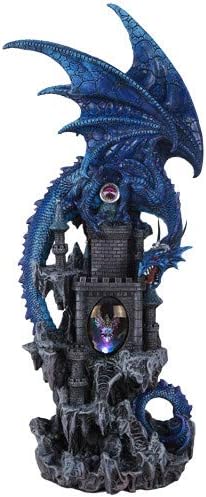 Pacific Giftware Guardian Dragon Protecting Castle with Rhinestone Rock Crystal Tabletop Decor Collectible Figurine Gift (20.75" Blue)