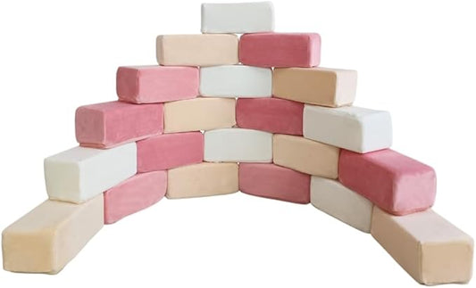 Wonder Space Plush Foam Blocks - Nursery Building & Stacking Toys for Toddlers Boys & Girls, Soft Smooth Velvet Cover, Early Education Gross Motor Skills & Brain Development (24 Bricks, Soft Blush)