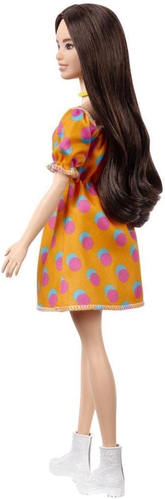 Barbie Fashionistas Doll #160 with Long Brunette Hair Wearing Patterned Orange Dress, White Shoes & Yellow Choker, Toy for Kids 3 to 8 Years Old
