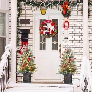 3ft Christmas Tree Pre-Lit Artificial Christmas Tree with Vintage Potted Base, Flocked Snow 78 Warm White LED Lights 8 Lighting Modes, Xmas Holiday Decor for Home, Entrances