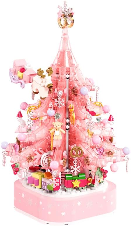 Pink Christmas Tree Building Blocks Music Box - DIY Buildable Christmas Decoration, Rotating Music Box, for Girls, Festive Atmosphere Light