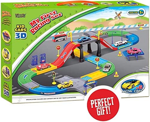 My First Speed Racing Assembly Track Builder Toy Playset - Starter Kit with 6 Diecast Cars, Accessories for Kids