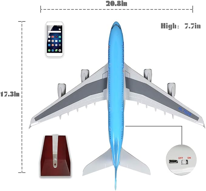 24-Hours 18” 1:160 Airplane Model Korea Airbus 380 Model Plane with LED Light(Touch or Sound Control) for Decoration or Gift