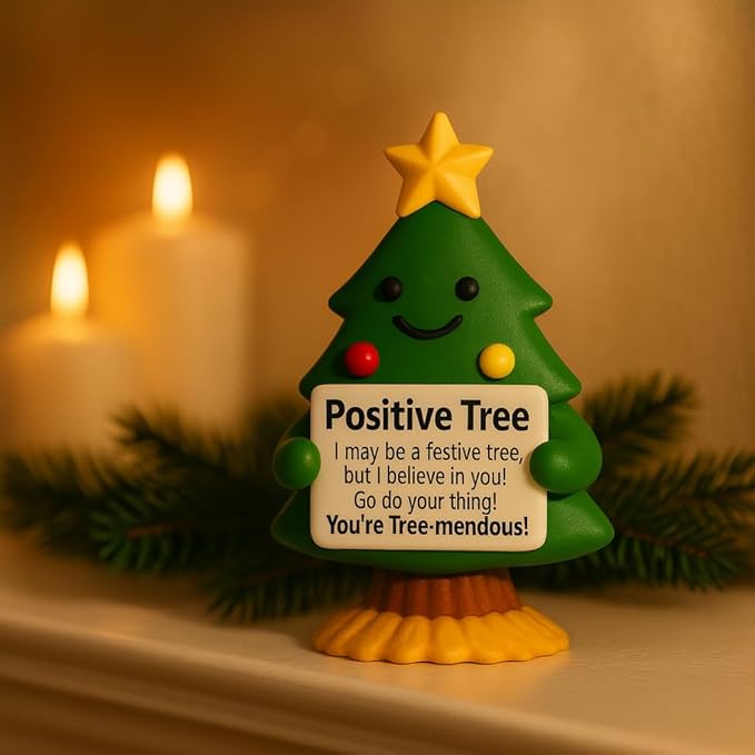 iStatue Mini Christmas Tree Hand-Painted Resin Positive Figurine, 5'' Xmas Decoration Indoor Desk Décor | Cute Motivational Gift, Stocking Stuffer, Holiday Mantel & Office (Green Tree)