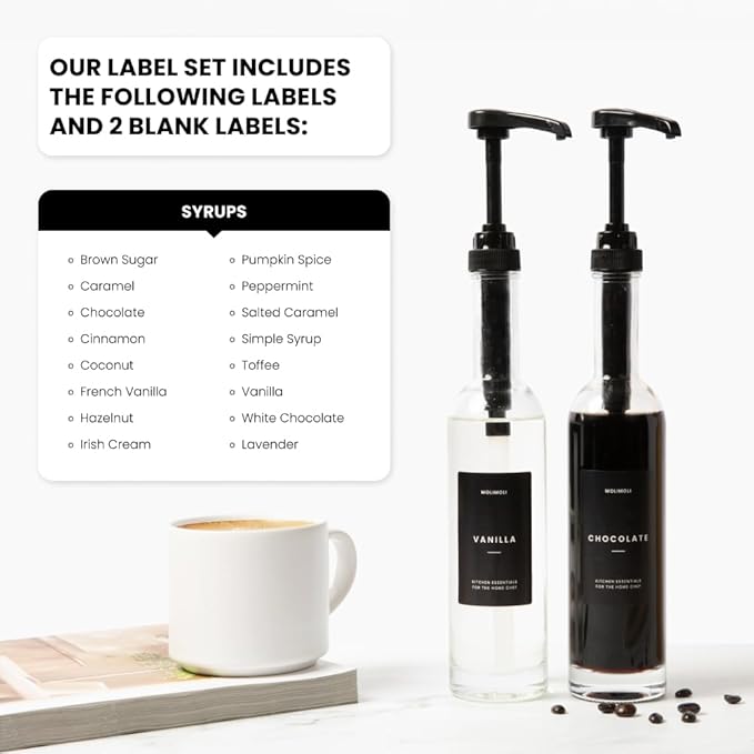 Molimoli Set of 2, 350ml, Coffee Syrup Dispenser for Coffee Bar, Coffee Pump Dispenser, Glass Syrup Bottle w. Pumps, Simple Syrup Dispenser w. Labels (Black)