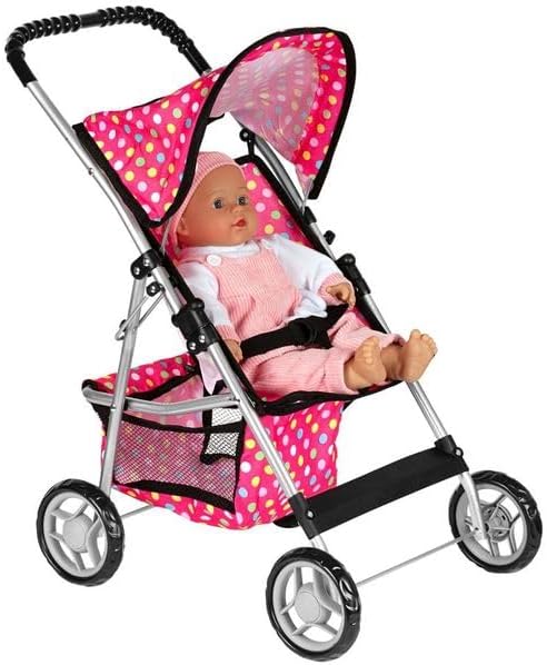fash n kolor My First Doll Stroller with Basket - Pink Denim and Gray Foldable Doll Stroller - Fits Upto 18" Dolls (Deluxe Polka Dot)