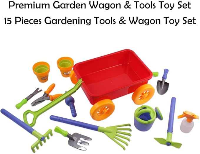 Dimple Garden Wagon & Tools Toy Set Premium 15 Pcs Kids Gardening Tools & Wagon Toy Set - Sturdy & Durable - Top Yd, Beach, Sand, Garden Play Set - Great for Kids & Toddlers