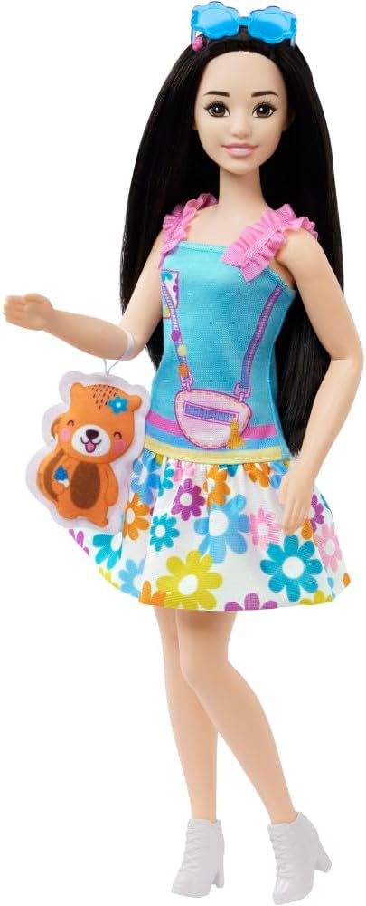 Barbie: My First Preschool Doll, Renee with 13.5-inch Soft Posable Body & Black Hair, Plush Squirrel & Accessories