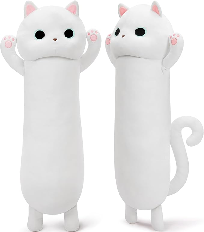 MaoGoLan Long Cat Plush Body Pillow, 44'' Giant White Glow in The Dark Cat Stuffed Animal Toy Gift for Girl Boy Kid, Big Cute Kitty Plush Throw Pillow for Halloween Christmas Decor