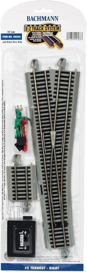 Bachmann Trains - Snap-Fit E-Z TRACK #5 TURNOUT - RIGHT (1/card) - NICKEL SILVER Rail With Gray Roadbed - HO Scale