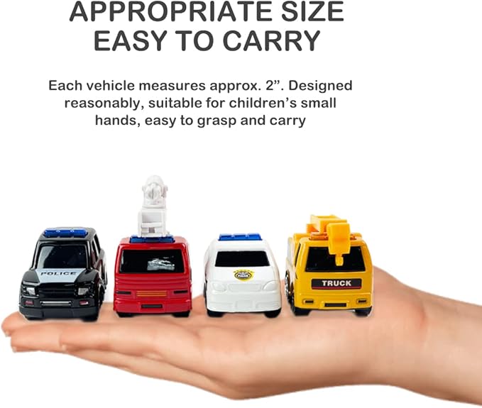16-Piece Diecast Metal Toy Car Set - Fun Play Trucks with Police, Construction, Ambulance & Firetruck Vehicles in 4 Storage Tubes - Perfect for Party Favors & Kids