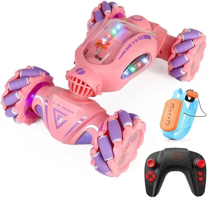Stunt Car with Lights & Music, Hand Gesture Control, 360 Spins - All Terrains RC Car Toys for 6-14 Year Olds (Pink)
