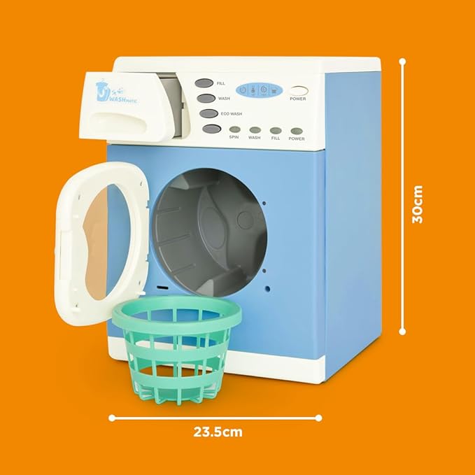 Casdon Blue Electronic Washer - Toy Washing Machine with Spinning Drum, Lights, & Sound Effects - Includes Laundry Basket & Washing Powder Box - Playset for Children Aged 3+