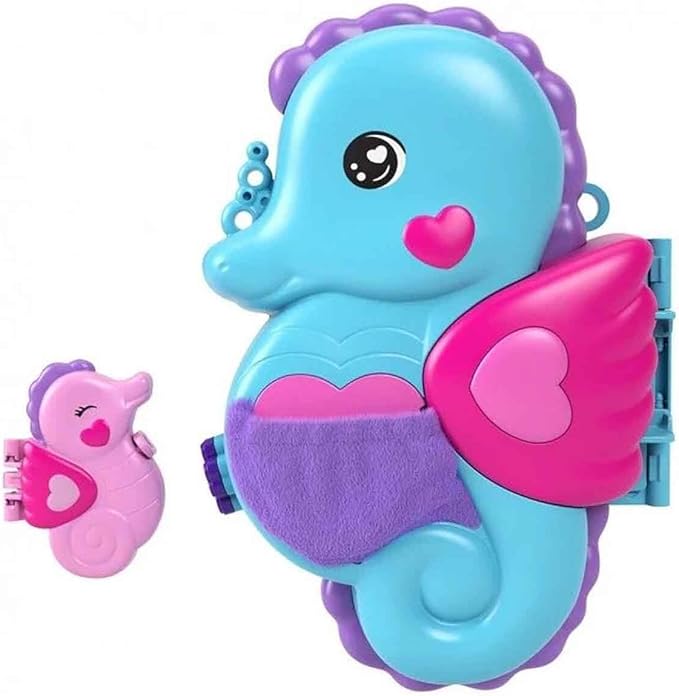 Polly Pocket - Seahorse Bag 2-in-1 Playset Polly and Shani Dolls Animals & 13 Accessories Included Make a Wear Bag Toy for Kids 4+ Years HWP03
