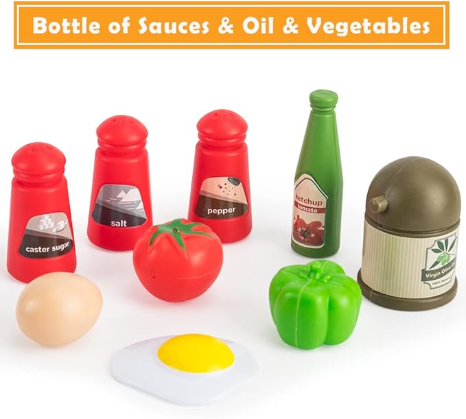 Bruvoalon 32Pcs Kids Play Kitchen Toys Set, Toddlers Pretend Cooking Playset Acccessories with Pots Pans, Utensils Cookware, Foods, Canned Veges, Learning Gift for Kids Girls Boys (Turquoise)