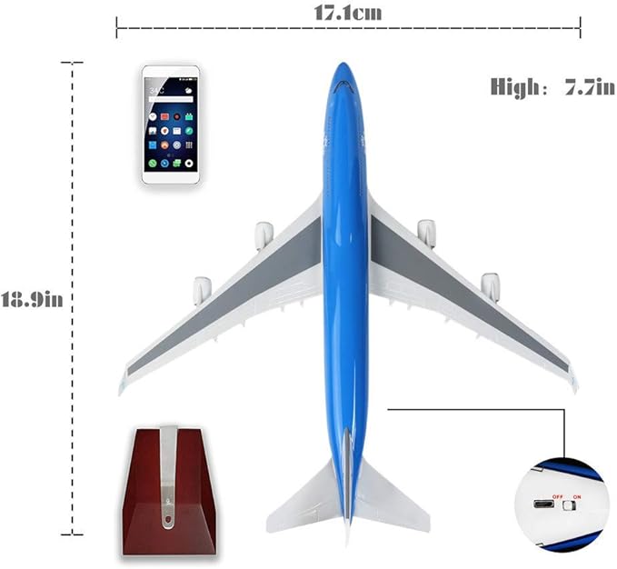 24-Hours 18” 1:130 Scale Airplane Model Dutch Airlines 747 Plane Model KLM Model Plane with LED Light(Touch or Sound Control) for Decoration or Display