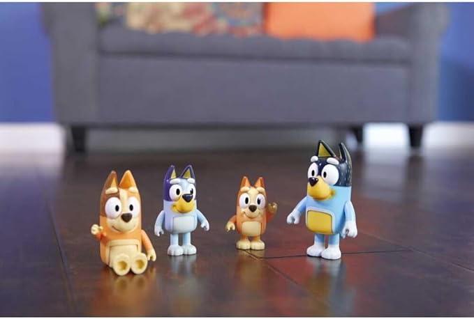 Bluey Family Figure 4-Pack – Includes Bluey, Bingo, Mum (Chilli) & Dad (Bandit), Poseable Collectible Toys for Kids, Durable Cake Toppers, for Toddlers & Fans, Ages 3+
