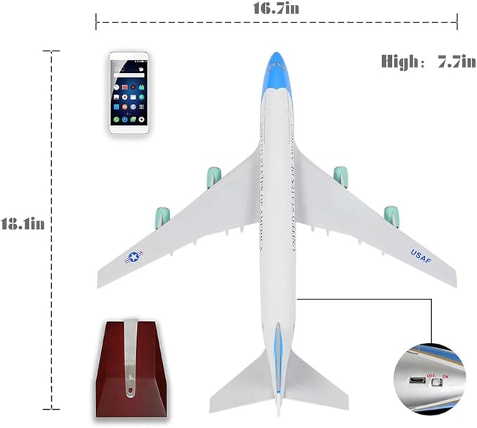 24-Hours 18” 1:130 Scale Model Jet United States Air Force One Plane B747 Model Planes Kits Display Diecast Airplane for Adults with LED Light(Touch or Sound Control)