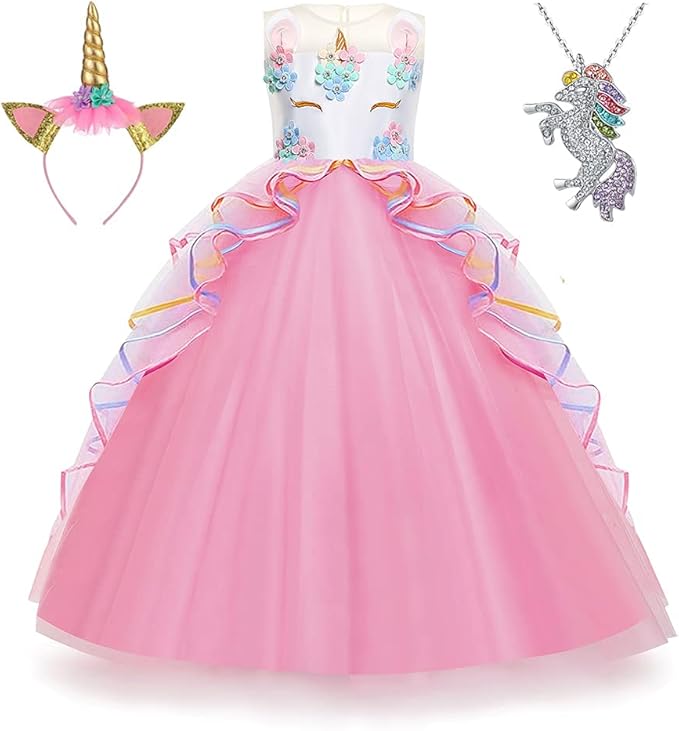 Unicorn Dress for Girls Unicorn Costume Pageant Princess Party Birthday Long Gown with Unicorn Headband & Necklace