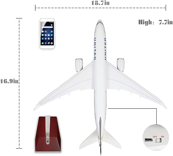 24-Hours 18” 1:130 Model Jet Airplane American Plane United Airlines B787 Model Plane Diecast Airplane for Adults with LED Light(Touch or Sound Control) for Decoration or Display