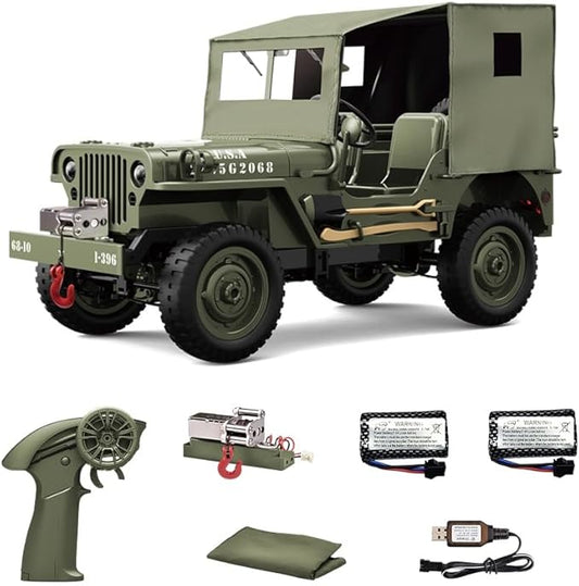 1/10 Willys MB RC Car, 2.4Ghz Military Truck 4WD RC Crawler with Turn Signal Light, Front Winch, Tarpaulin, Hobby RC Truck Off-Road Military Car, Metal Shaft, 4x4 Off Road Vehicle RTR, 2 Batteries
