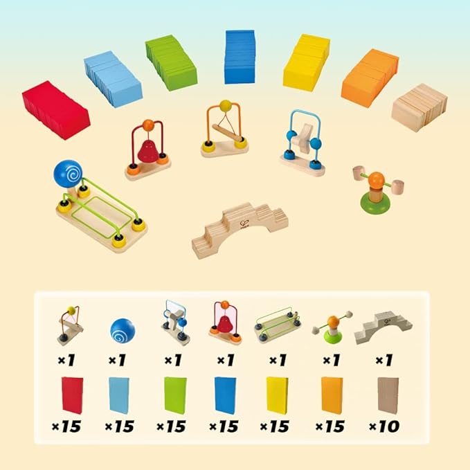 Hape Dynamo Wooden Domino Set Award Winning Domino Racing Building Block Set for Kids, 107 Solid Pieces of Fun Filled Racing, Building and Stacking