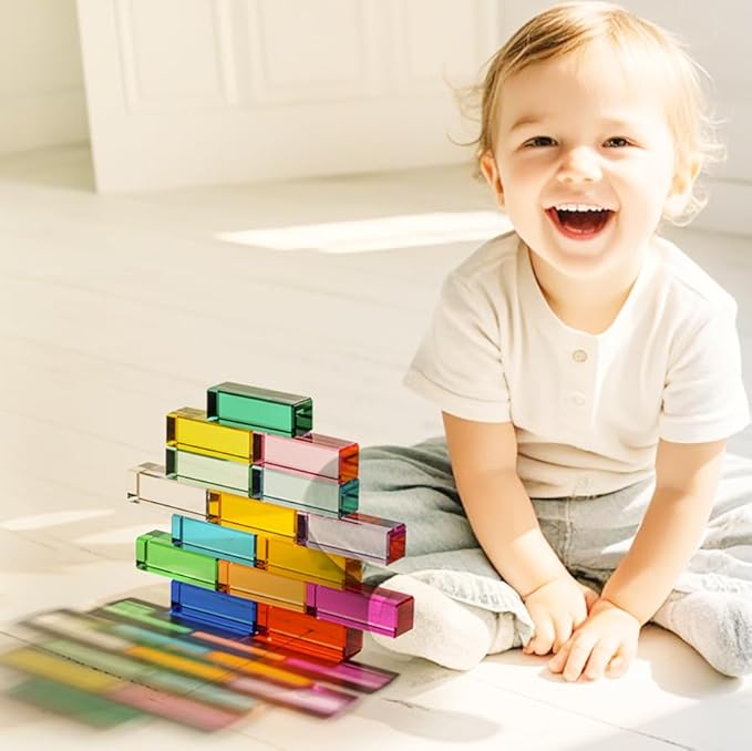 7.5cm Rainbow Crystal Acrylic Strip Blocks,Rectangle Stacking Gem Blocks for Kids 16 Colors Gem Cubes Stacking Educational Sensory Light Learning Toys (7.5cm 16 Colors Blocks)