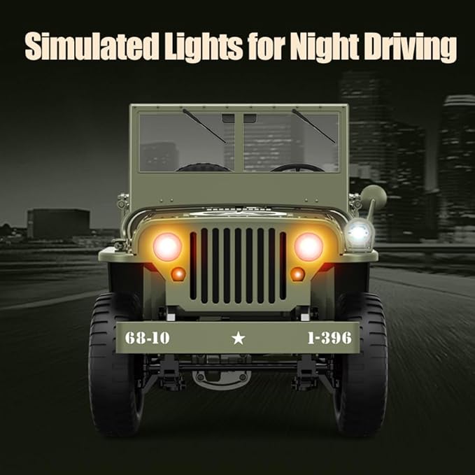 1/10 Willys MB RC Car, 2.4Ghz Military Truck 4WD RC Crawler with Turn Signal Light, Front Winch, Tarpaulin, Hobby RC Truck Off-Road Military Car, Metal Shaft, 4x4 Off Road Vehicle RTR, 2 Batteries