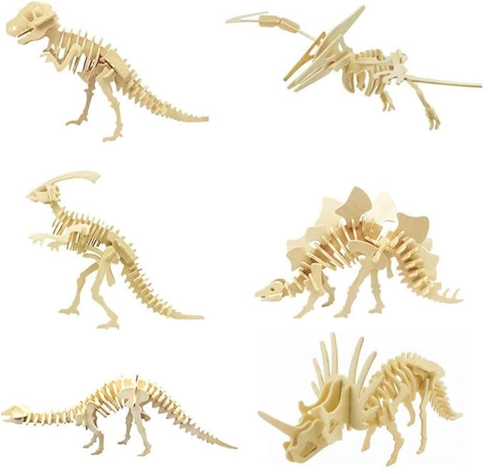 3D Wooden Dinosaur Puzzle - 6 Piece Set Wood Dinosaur Skeleton Model Puzzle - DIY Wooden Crafts 3D Puzzle - STEM Toys Gifts for Kids and Adults