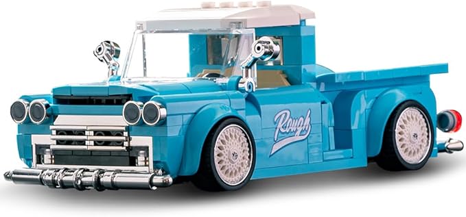 PB8840 1:32 Blue Retro Pickup Truck Buliding Blocks Set, 297 Pieces Scale Model Car Container Display Box, Clamping Blocks Toy Gift for Adults