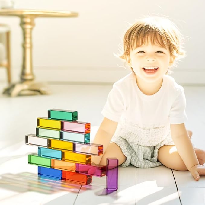 7.5cm Rainbow Crystal Acrylic Strip Blocks,Rectangle Stacking Gem Blocks for Kids 16 Colors Gem Cubes Stacking Educational Sensory Light Learning Toys (7.5cm 16 Colors Blocks)