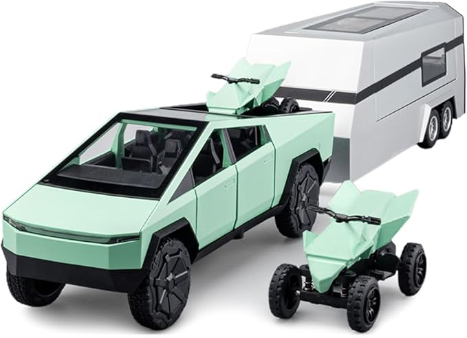 1/24 Large Pickup Truck Toy with Motorhome and Motorcycle, Diecast Pickup Truck Trailer RV Alloy Model Collection Vehicles for Kids Adults Birthday Gift (Green)
