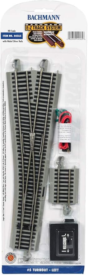 Bachmann Trains - Snap-Fit E-Z TRACK #5 TURNOUT - LEFT (1/card) - NICKEL SILVER Rail With Gray Roadbed - HO Scale