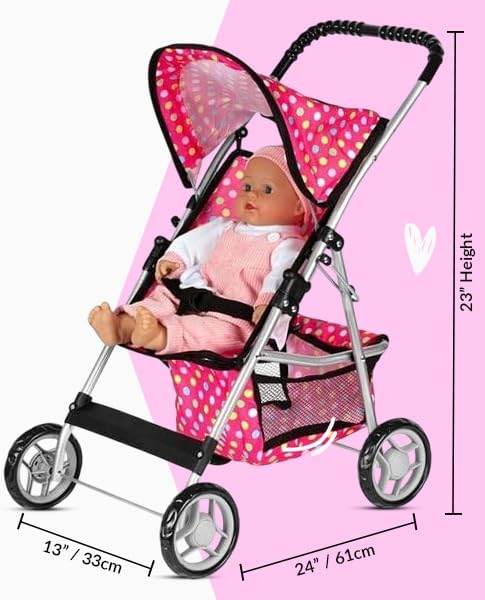 fash n kolor My First Doll Stroller with Basket - Pink Denim and Gray Foldable Doll Stroller - Fits Upto 18" Dolls (Deluxe Polka Dot)