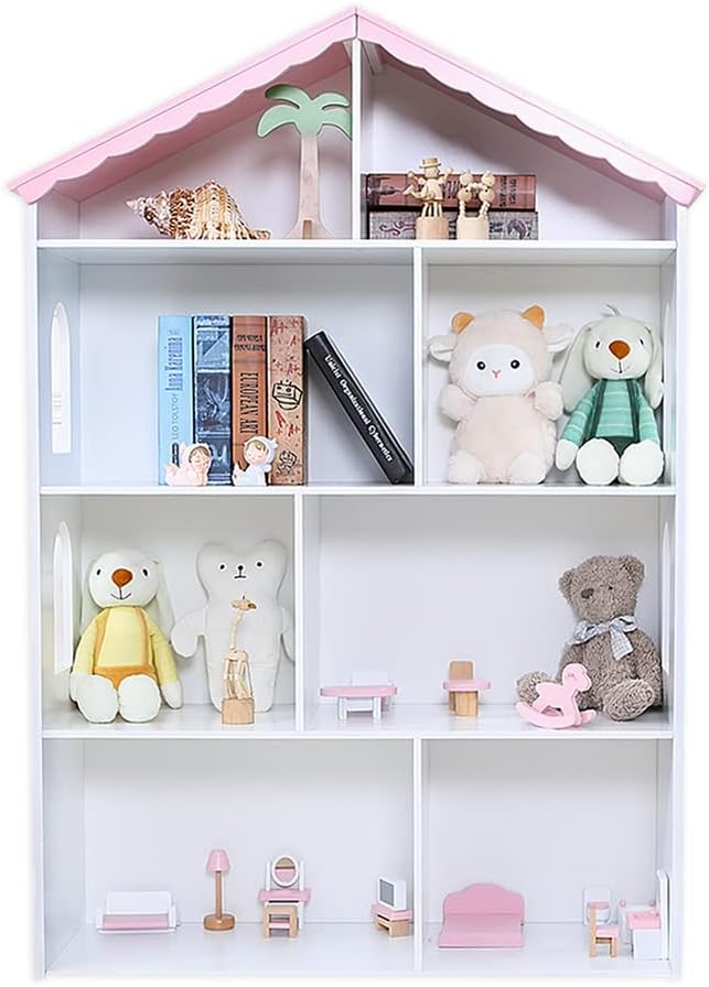 Wooden Dollhouse Bookshelf 4-Tier Children's Bookcase Display Storage Doll House Organizer Furniture for Kids Bedroom Playroom Nursery Kindergarten Gift for Boys Girls Ages 3-8 Years Old