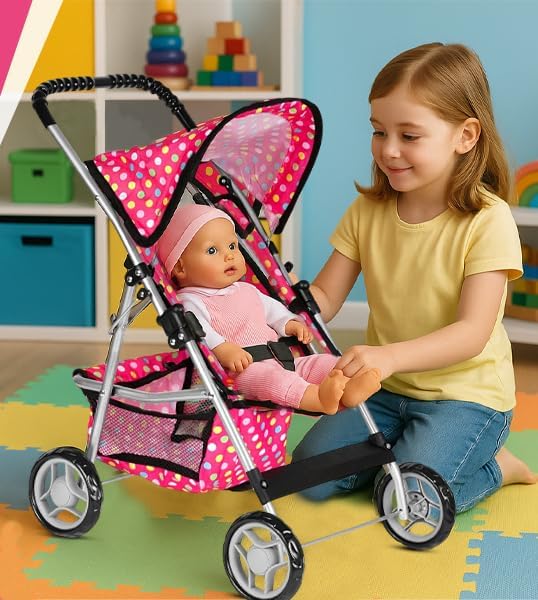 fash n kolor My First Doll Stroller with Basket - Pink Denim and Gray Foldable Doll Stroller - Fits Upto 18" Dolls (Deluxe Polka Dot)