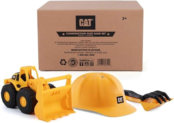 CAT Construction Toys, Front Loader Sand Set - 10" Loader, Hard Hat, & 3 Sand Tools - Kids Beach Toys And Outdoor Play