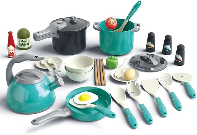 Bruvoalon 32Pcs Kids Play Kitchen Toys Set, Toddlers Pretend Cooking Playset Acccessories with Pots Pans, Utensils Cookware, Foods, Canned Veges, Learning Gift for Kids Girls Boys (Green)