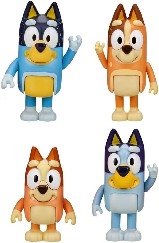 Bluey Family Figure 4-Pack – Includes Bluey, Bingo, Mum (Chilli) & Dad (Bandit), Poseable Collectible Toys for Kids, Durable Cake Toppers, for Toddlers & Fans, Ages 3+