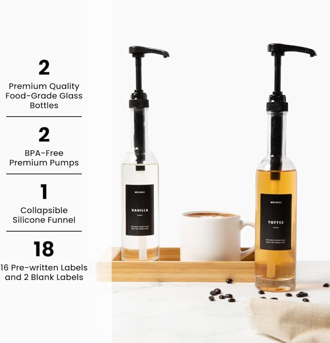 Molimoli Set of 2, 350ml, Coffee Syrup Dispenser for Coffee Bar, Coffee Pump Dispenser, Glass Syrup Bottle w. Pumps, Simple Syrup Dispenser w. Labels (Black)