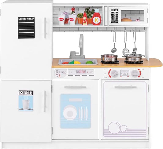 Costzon Play Kitchen for Kids, Wooden Toy Kitchen Set with Blackboard, Faucet, Sink, Oven, Microwave, Dishwasher, Accessories, Pretend Cooking Toy for Toddlers, Kids Kitchen Playset, Gift for Ages 3+