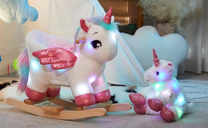 Glow Guards Light Up Musical Unicorn Baby Rocking Horse Set of 2 with Safety Belt White Unicorn Rocker Baby Rocking Chair Ride on Unicorn for Toddlers 1-3