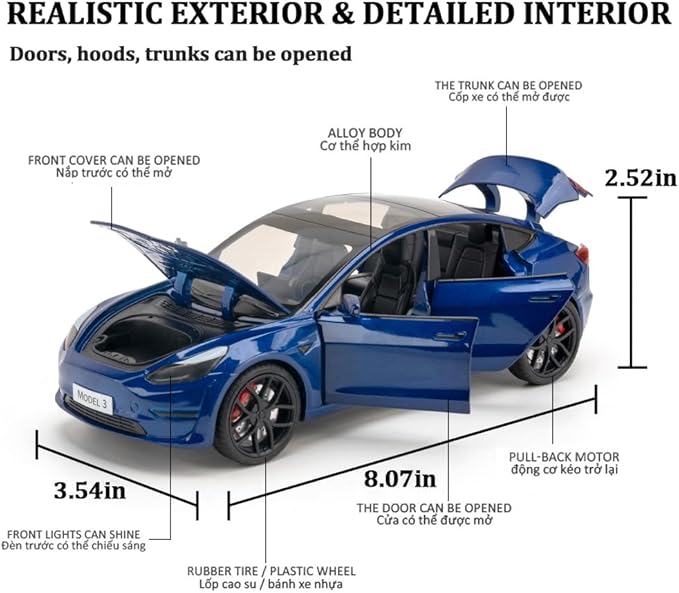 1/24 Scale Diecast Car Model 3, Alloy Diecast Toy Cars Pull Back Toys with Sound & Light, Vehicles Toys for Kids Gift Car Lovers Collection (1/24 Model 3 -Blue)