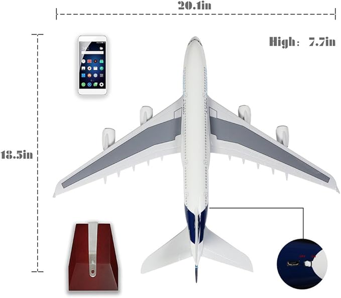 24-Hours 1:160 Scale Airplane Kit A380 Model Plane Collection with LED Light(Touch or Sound Control) for Tabletop Decoration