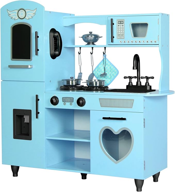 TaoHFE Toy Kitchen, Blue Kids Kitchen Playset for Kids Ages 4-8 Boys Gift Girls Play Kitchen Sets for Kids Kitchen Playset with Lights and Sounds Wooden Toy Kitchen Playset Gift Kids Kitchen Set
