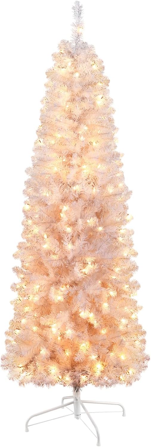 SHareconn 6ft Prelit Artificial Hinged Slim Pencil Christmas Tree with Warm White Lights, Full Branch Tips, Perfect Choice Decoration for Xmas Holiday, 6 FT, White
