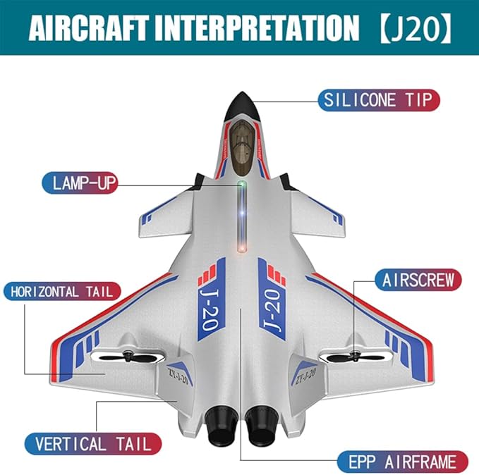 Remote Control Plane RTF J-20 Fire Fang 2.4Ghz 6-axis Gyro RC Airplane with Light Strip, Jet Fighter Toy Gift for Kids Beginner (Stealth White)