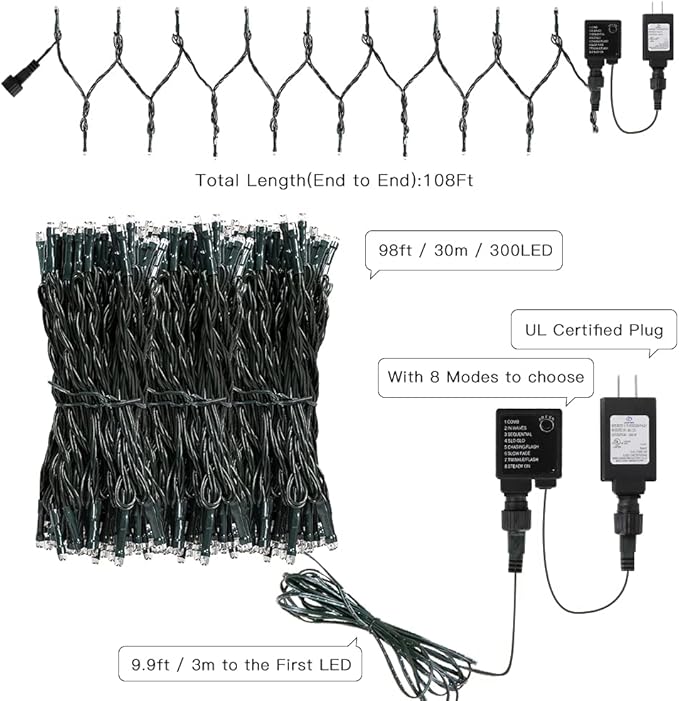 AmyHomie Warm White Christmas Lights, 108Ft 300LED Plug-in Christmas String Lights,8 Modes Waterproof Fairy String Lights for Outdoor & Indoor Christmas Tree Home Patio Garden Party Wedding Decor