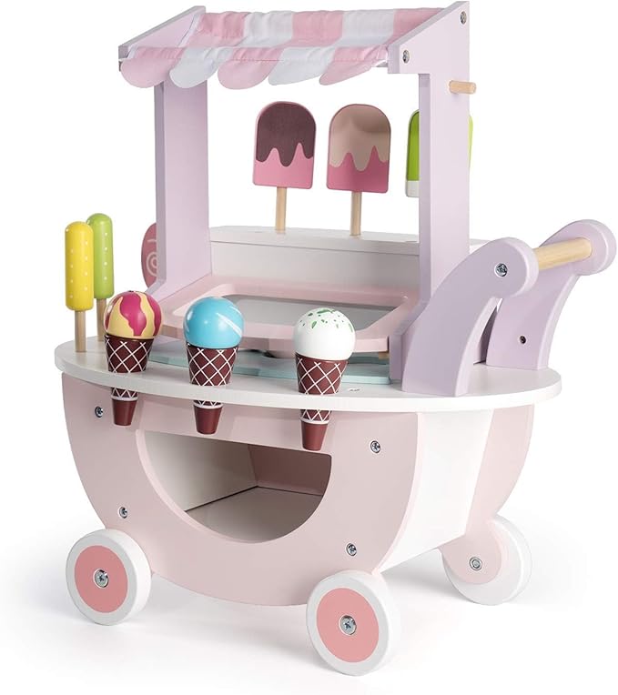ROBUD Wooden Ice Cream Cart Toys for Kids, Toddlers Pretend Play Food Truck, Gift for Girls and Boys 3 Years & Up, Pink